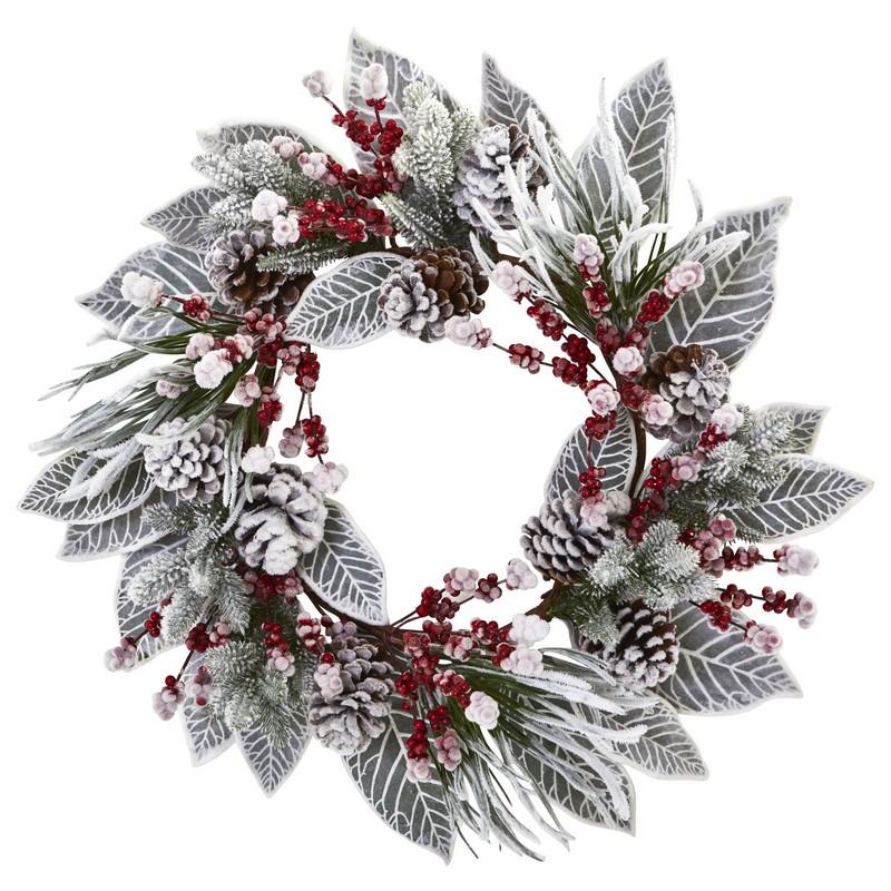 24"  Snowy Magnolia Berry Artificial Wreath