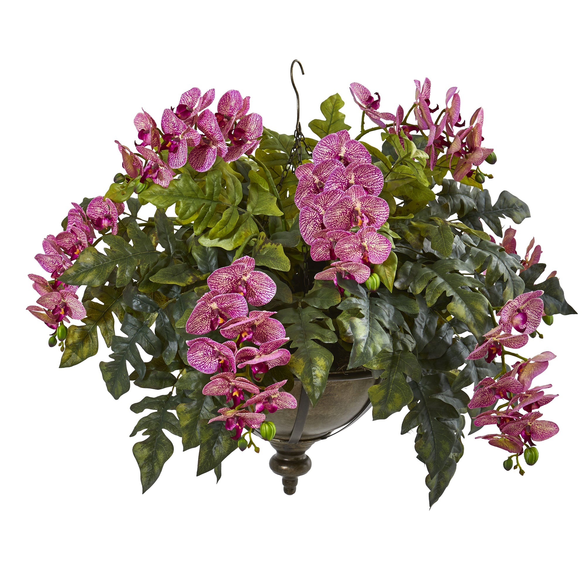 25"  Phalaenopsis Orchid and Holly Fern Artificial Plant in Metal Hanging Bowl