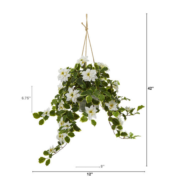 3.5' Poinsettia and Variegated Holly Artificial Plant in Hanging Metal Bucket