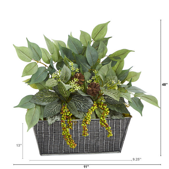 14" Mixed Ficus and Fittonia Artificial Plant in Embossed Tin Planter