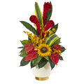 30" Mixed Tropical Floral Artificial Arrangement in Cream Vase with Gold Base