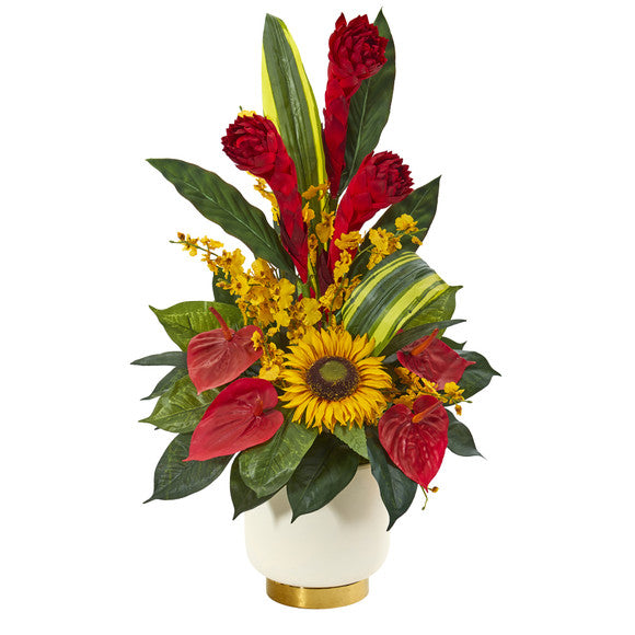 30" Mixed Tropical Floral Artificial Arrangement in Cream Vase with Gold Base