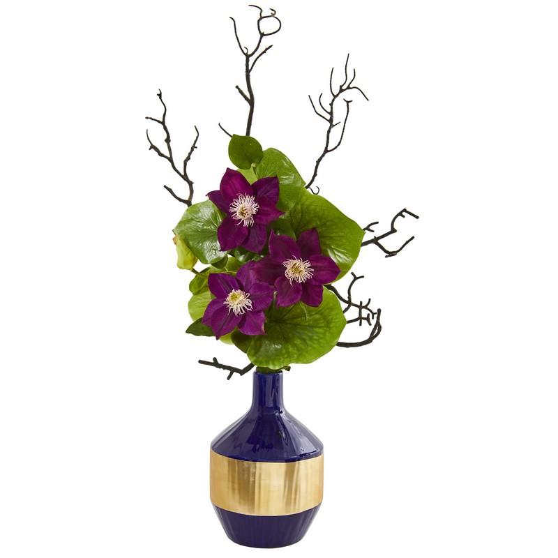 22"  Anemone and Lotus Leaf Artificial Arrangement in Vase