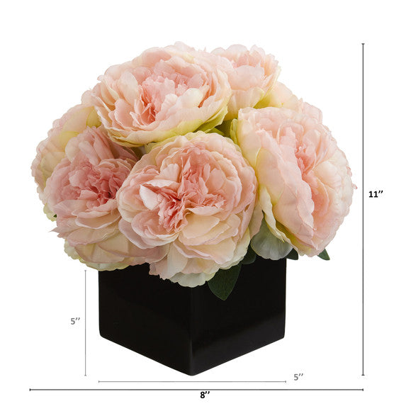 11" Peony Artificial Arrangement in Black Vase