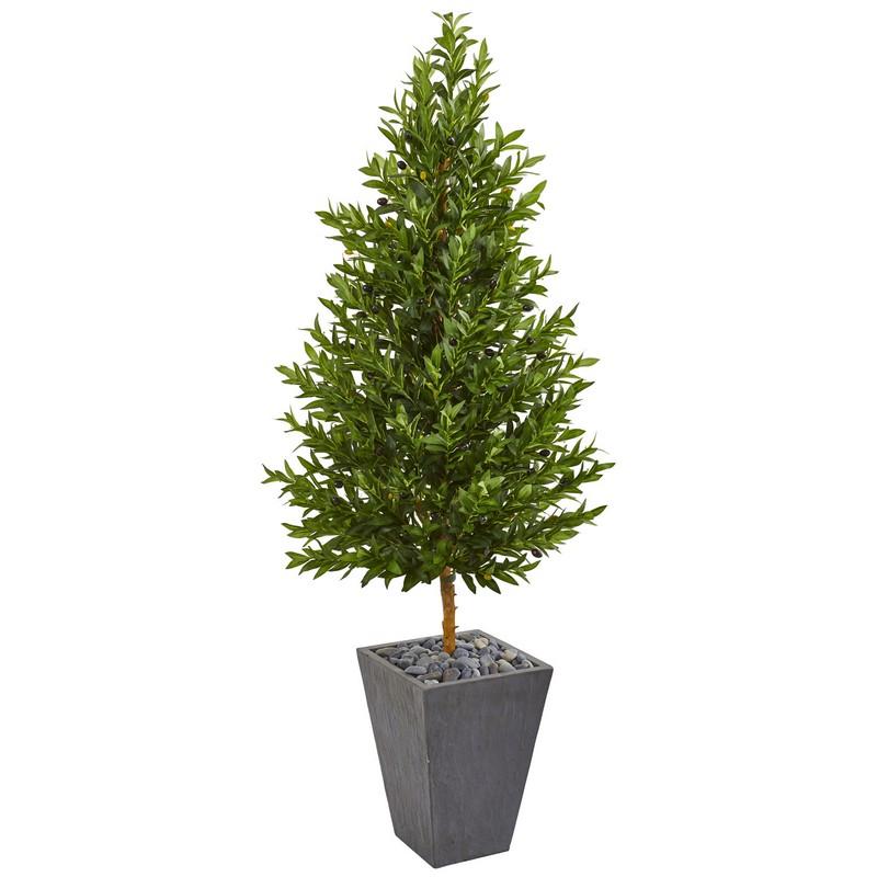 67"  Olive Cone Topiary Artificial Tree in Slate Planter UV Resistant