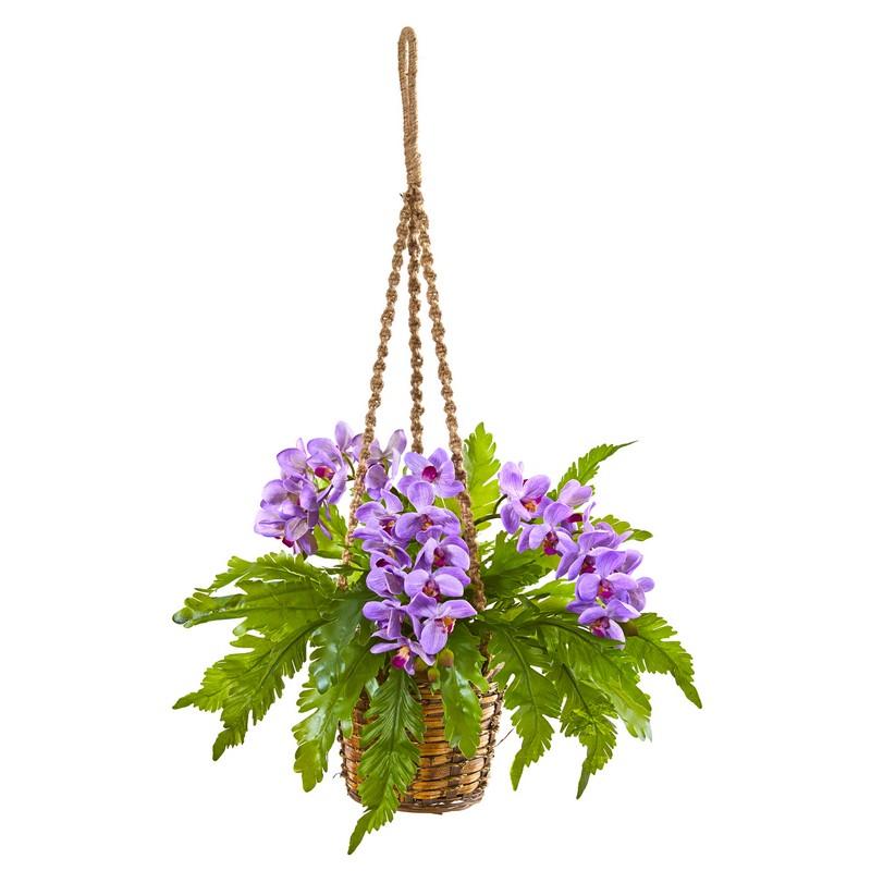 29"  Phalaenopsis Orchid and Fern Artificial Plant in Hanging Basket