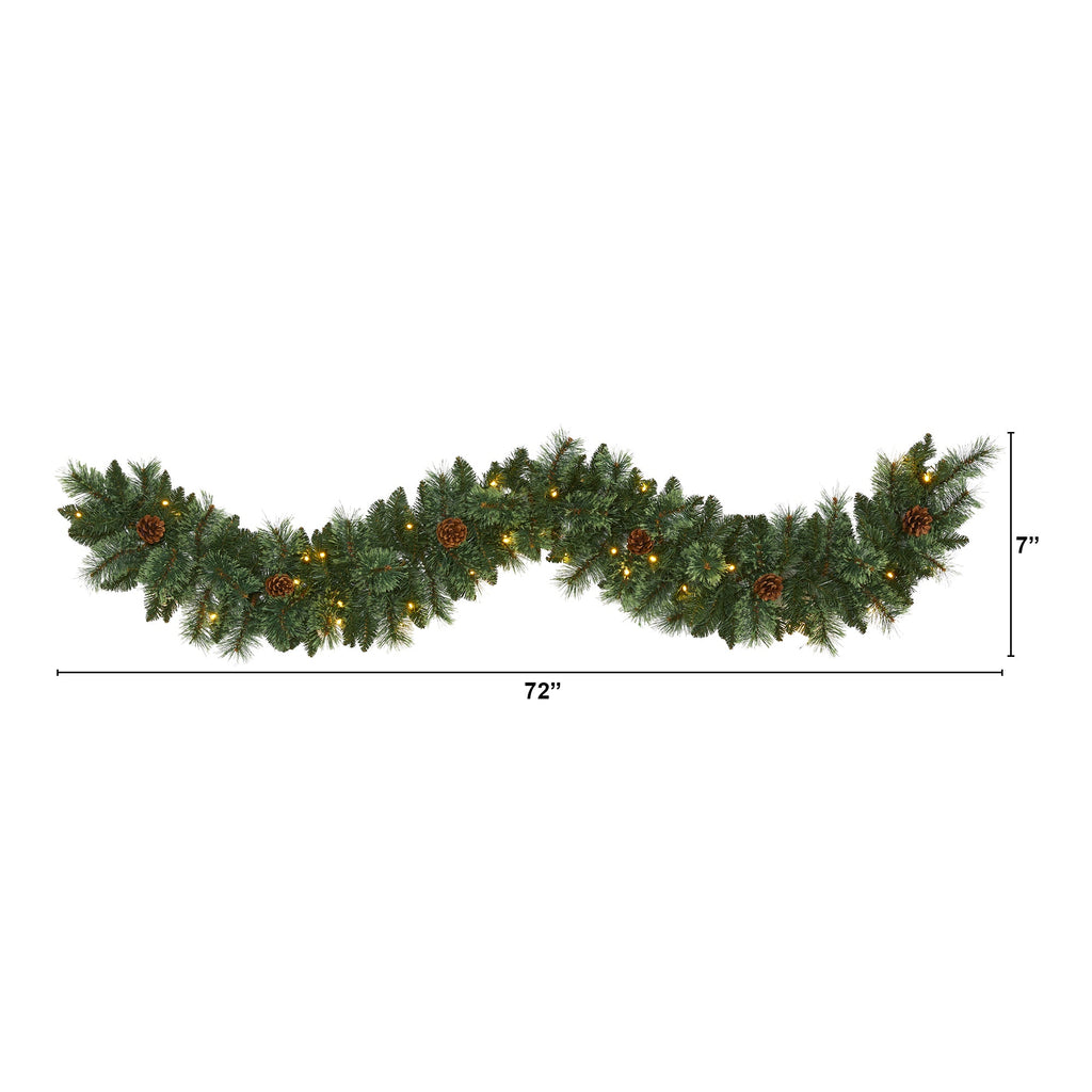 6' White Mountain Pine Artificial Garland w/ 35 White Warm LED Lights/Pinecones