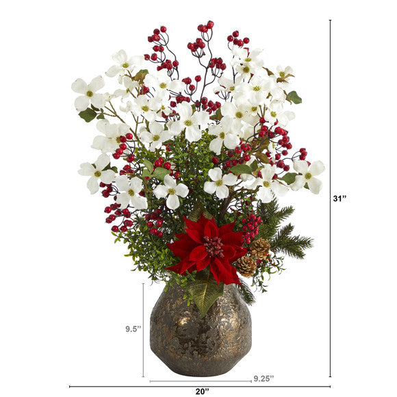 31" Poinsettia, Dogwood and Berry Artificial Arrangement in Designer Vase