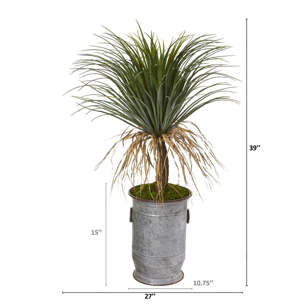 39" Pony Tail Palm Artificial Plant in Vintage Metal Planter