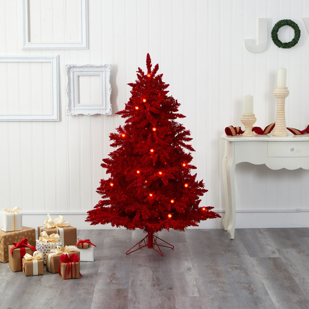 5' Red Flocked Fraser Fir Artificial Christmas Tree w/ 250 Red Lights