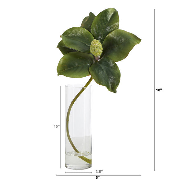 18" Magnolia Artificial Plant in Glass Planter