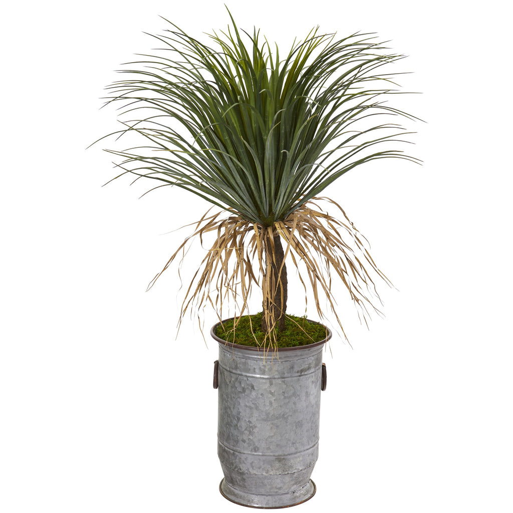 39" Pony Tail Palm Artificial Plant in Vintage Metal Planter