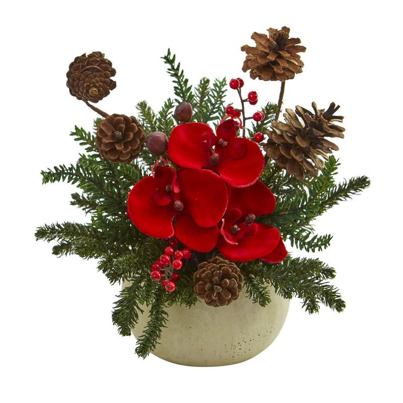 Orchid, Berries and Pine Arrangement