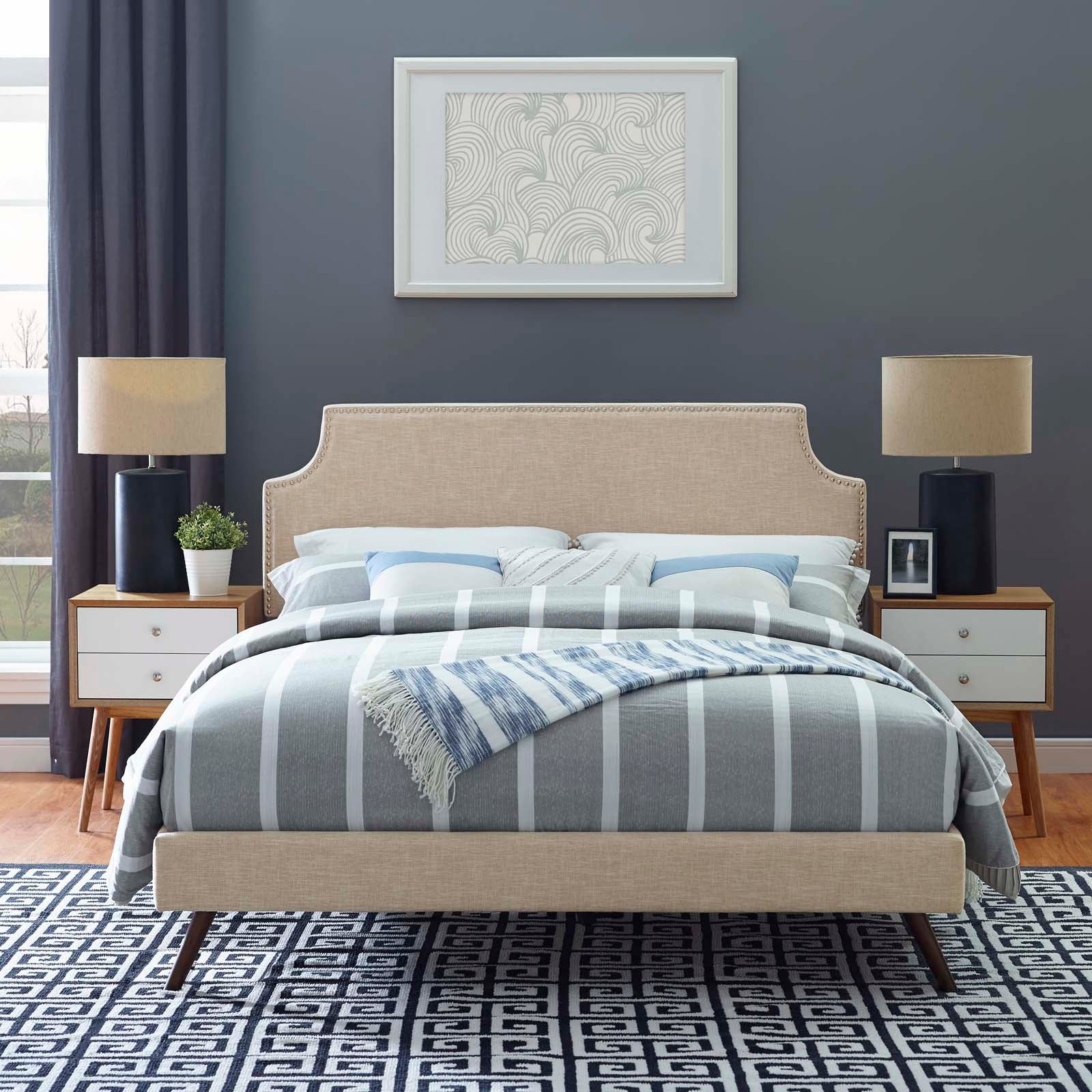 Corene Fabric Queen Platform Bed with Round Splayed Legs by Modway
