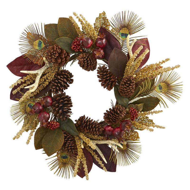 27"  Magnolia Leaf, Berry, Antler and Peacock Feather Artificial Wreath