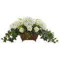 Hydrangea & Roses Artificial Arrangement In Metal Planter 1651-WH