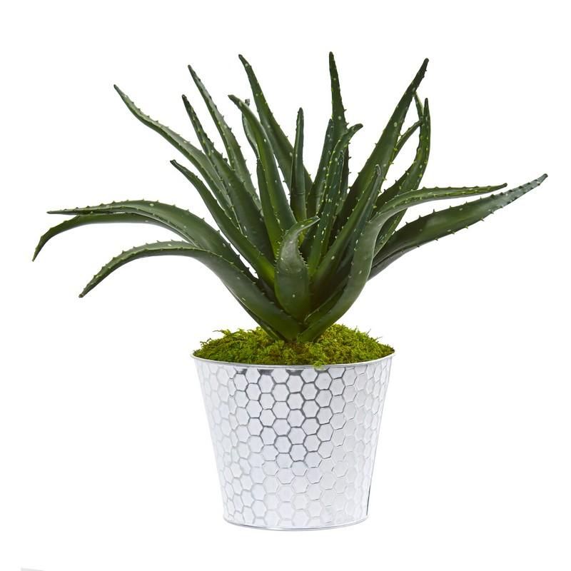 14"  Aloe Artificial Plant in White and Tin Embossed Planter