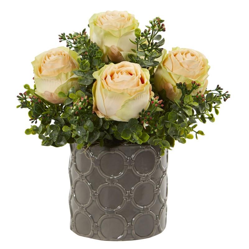 11"  Roses and Eucalyptus Artificial Arrangement in Designer Vase