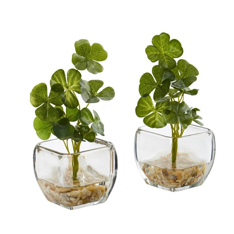 9"  Clover Artificial Plant in Glass Planter (Set of 2)