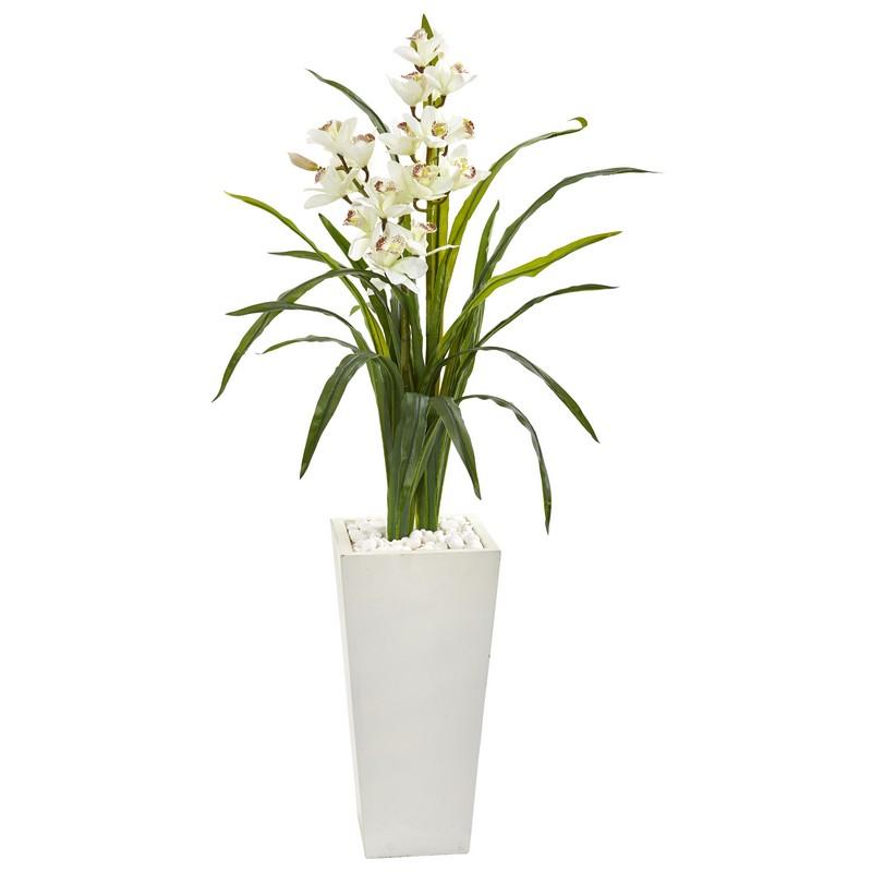 50"  Cymbidium Orchid Artificial Plant in White Tower Planter
