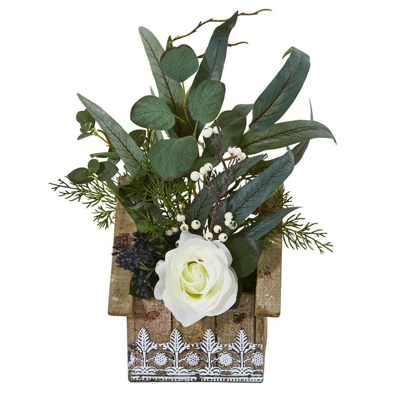 16"  Rose and Eucalyptus Artificial Arrangement in Hanging Floral Design