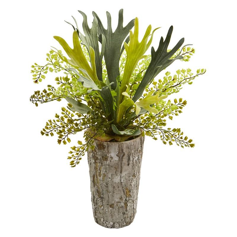 19"  Staghorn and Maiden Hair Fern Artificial Plant in Weathered Vase