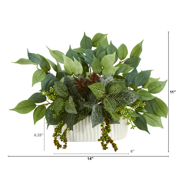 14" Mixed Greens Artificial Plant in White Planter