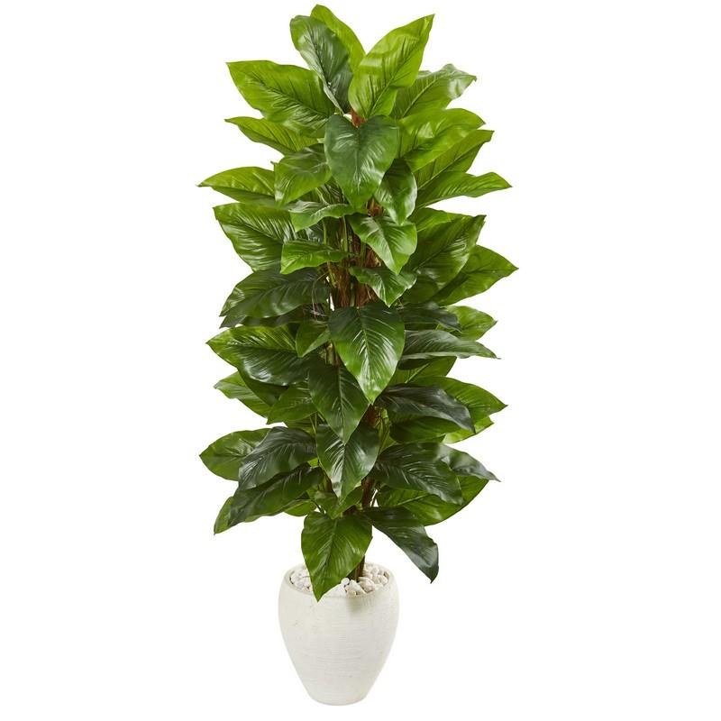 63" Large Leaf Philodendron Artificial Plant in White Planter (Real Touch)
