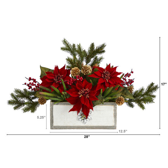 28" Poinsettia and Cactus Artificial Arrangement in Decorative Wood Vase
