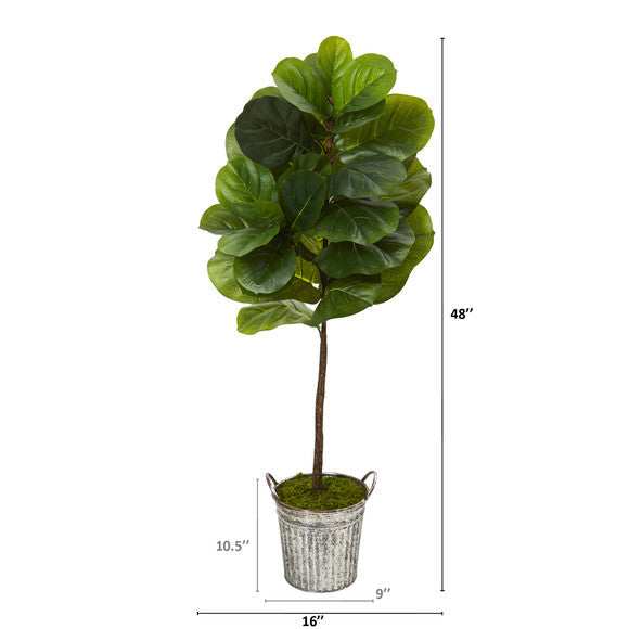 4' Fiddle Leaf Artificial Tree in Vintage Metal Pail (Real Touch)