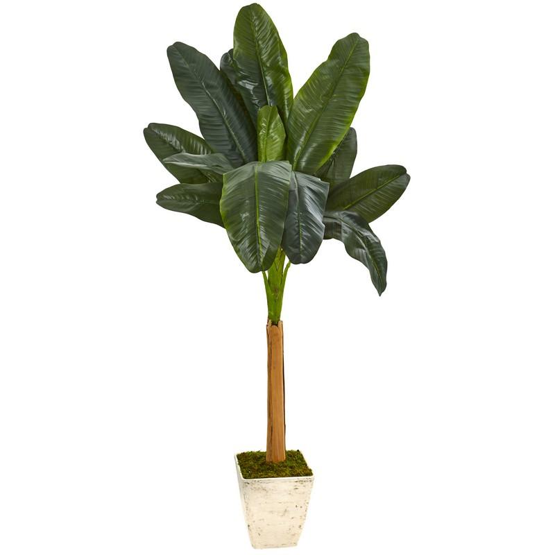 75" Banana Artificial Tree In Country White Planter 9497 By Nearly Natural