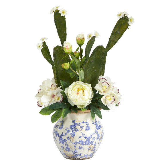 29" Cymbidium Orchid, Peony and Cactus Succulent Artificial Arrangement