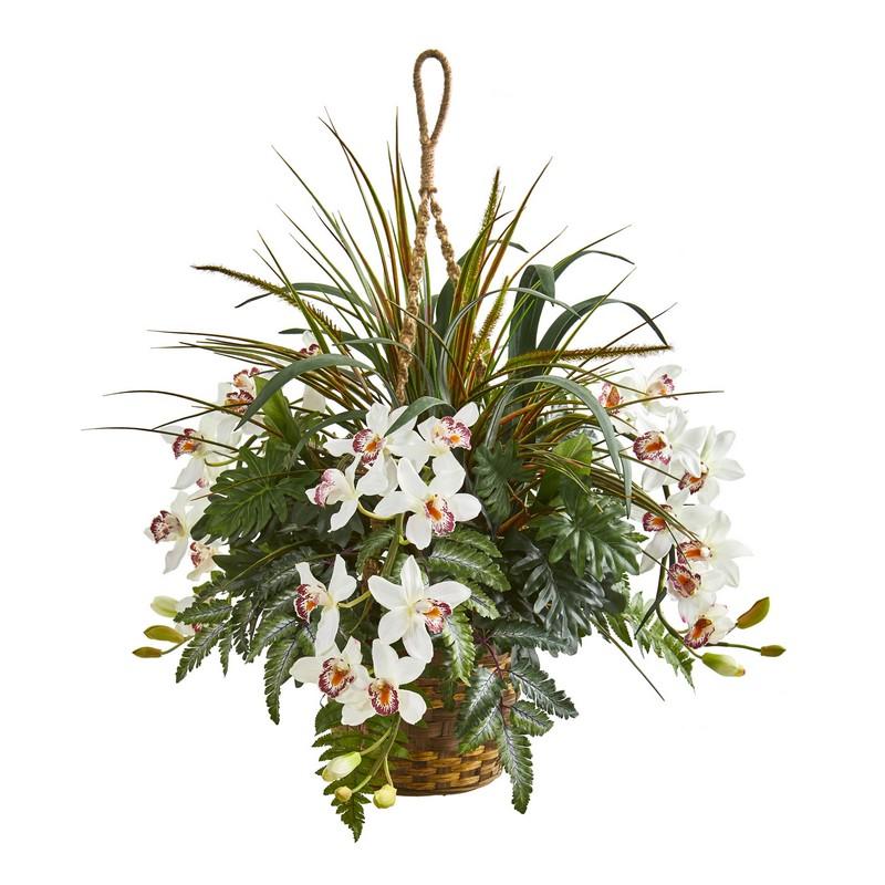 29"  Cymbidium Orchid and Mixed Greens Artificial Plant Hanging Basket