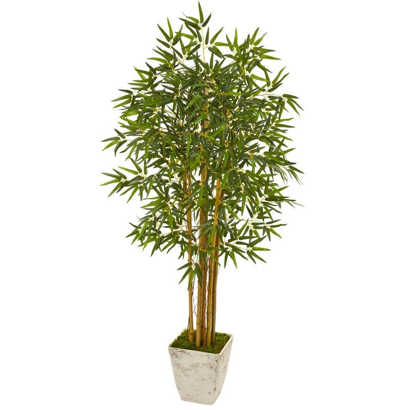 65" Bamboo Artificial Tree In Country White Planter 9853 By Nearly Natural