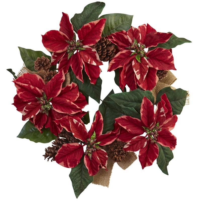 22"  Poinsettia, Pine Cone & Burlap Wreath