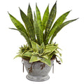 19"  Sansevieria and Succulent Artificial Plant in Metal Bowl