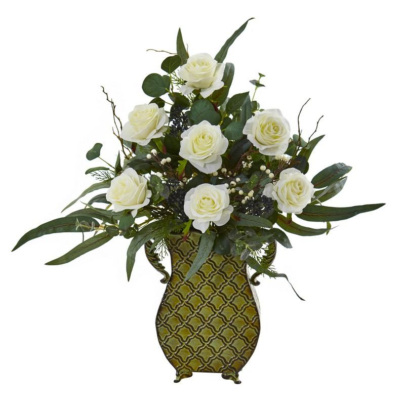 27"  Rose and Eucalyptus Artificial Plant in Metal Planter