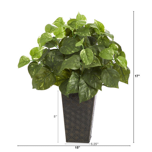 17" Pothos Artificial Plant in Embossed Black Planter