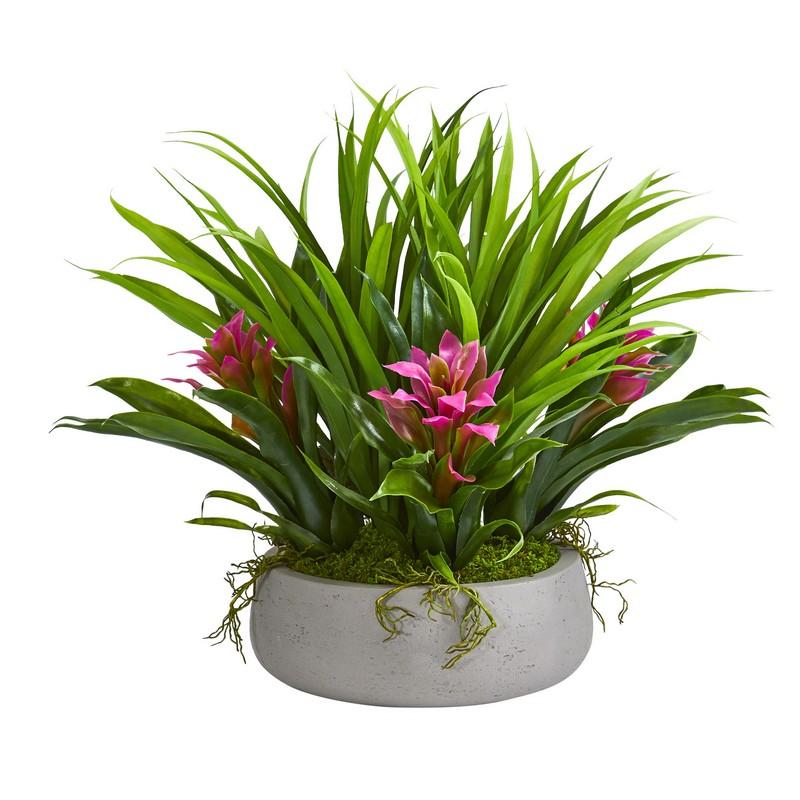 16" Bromeliad & Grass Artificial Plant in Ceramic Vase