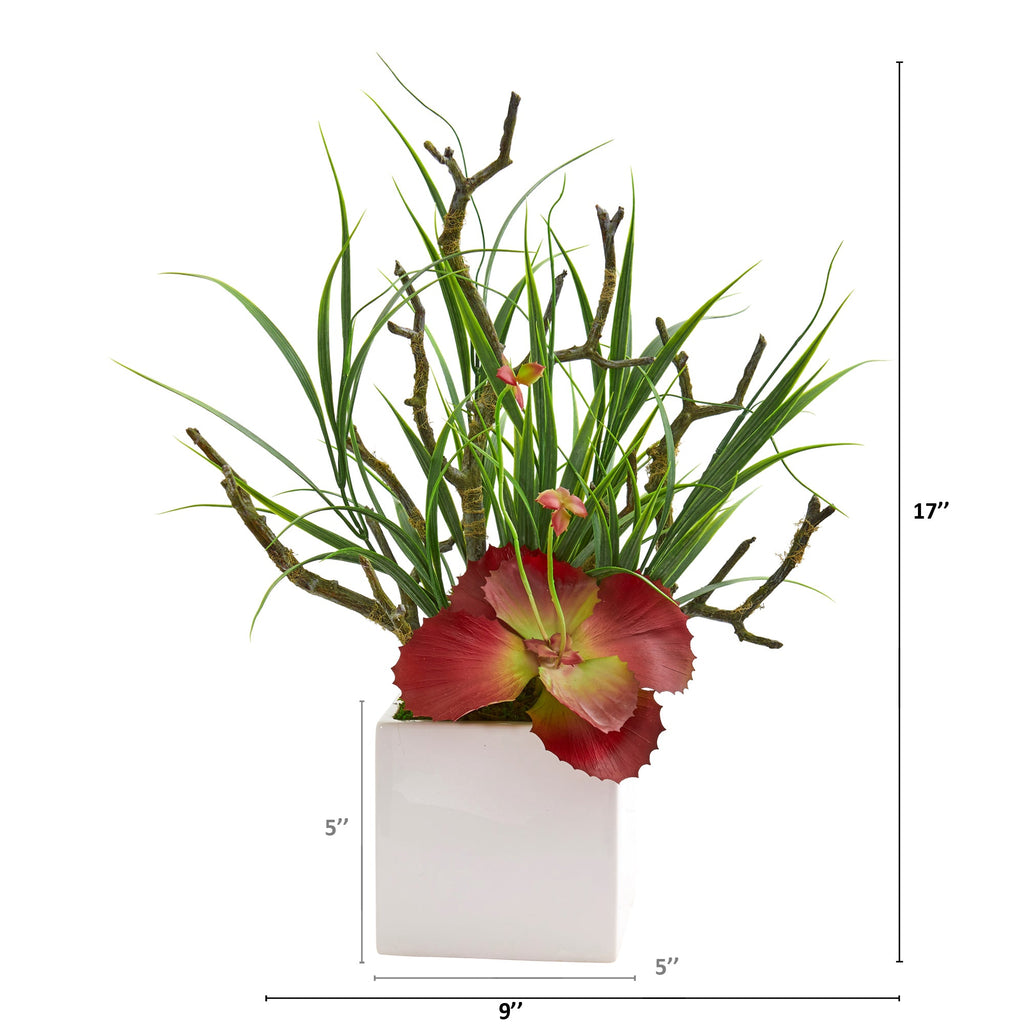 17" Succulent and Grass Artificial Plant in White Planter