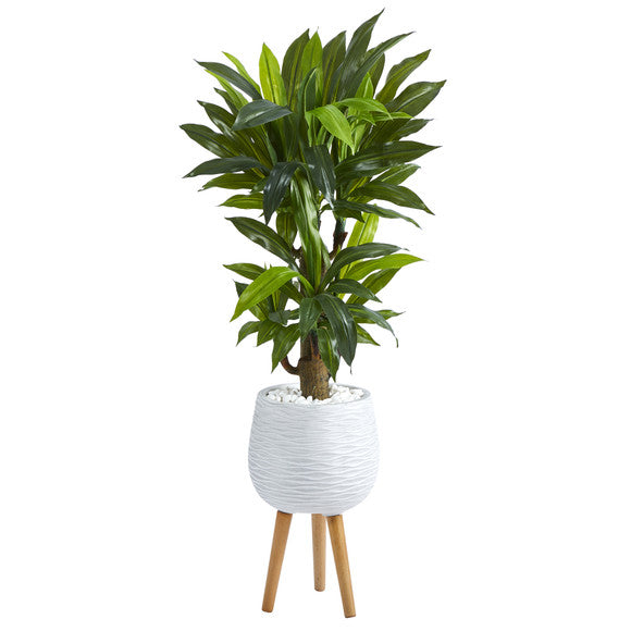 46" Corn Stalk Dracaena Artificial Plant in White Planter with Stand