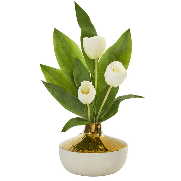 18" Tulip Artificial Arrangement in Gold and Cream Elegant Vase