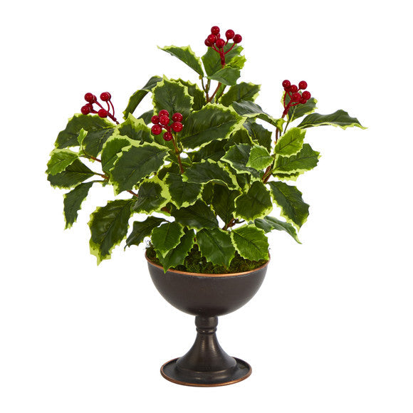15" Variegated Holly Artificial Plant in Metal Chalice (Real Touch)