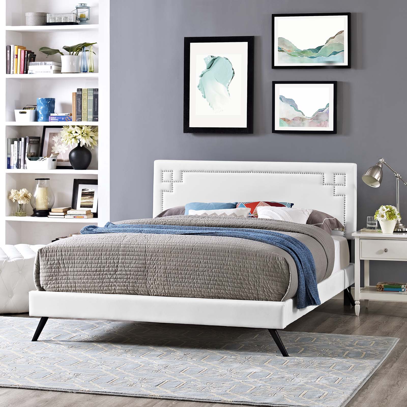 Ruthie Vinyl Queen Platform Bed with Round Splayed Legs by Modway