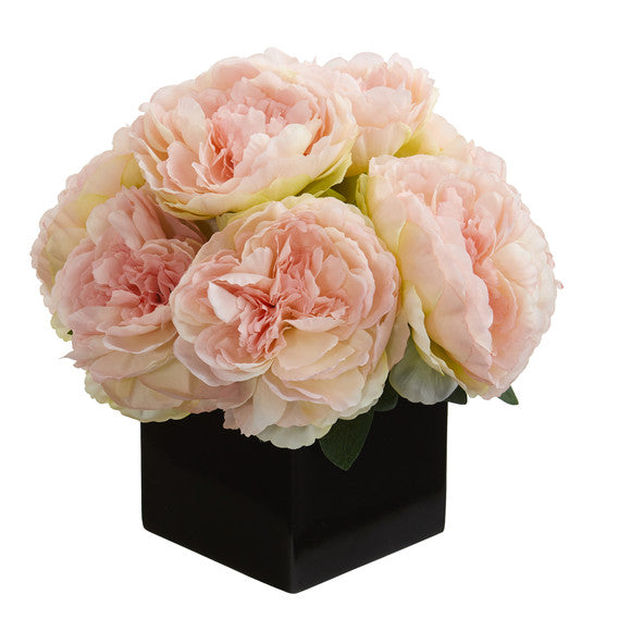 11" Peony Artificial Arrangement in Black Vase