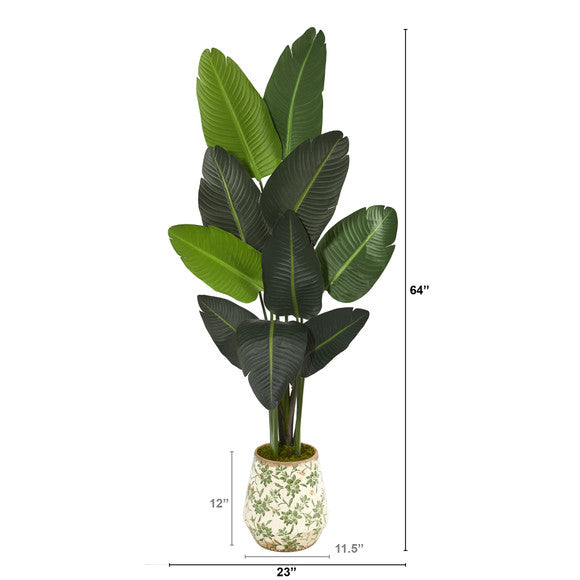 64" Traveler's Palm Artificial tree in Floral Print Planter