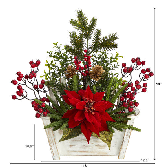 18" Poinsettia, Succulent and Berry Artificial Arrangement in Bench Planter
