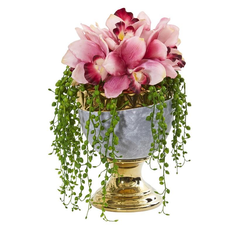 13"  Cymbidium Orchid Artificial Arrangement in Designer Urn
