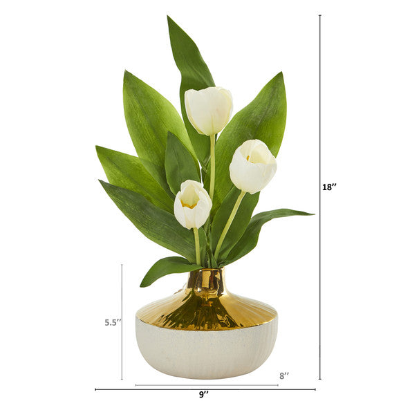 18" Tulip Artificial Arrangement in Gold and Cream Elegant Vase