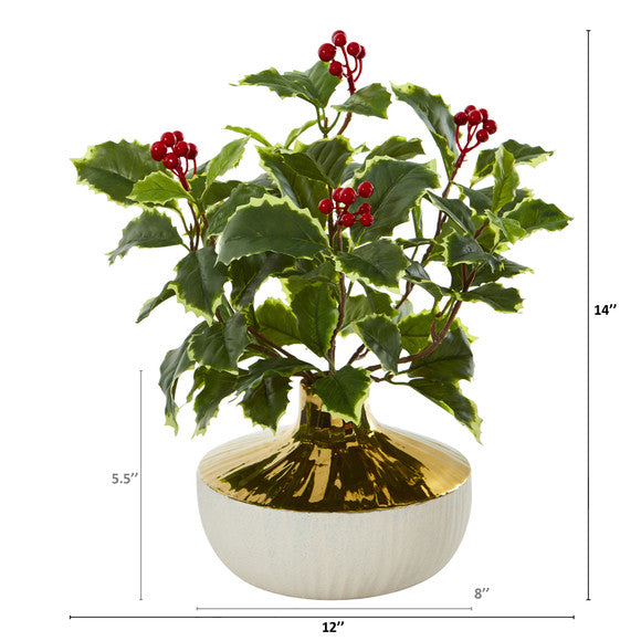 14" Variegated Holly Leaf Artificial Plant in Gold and Cream Elegant Vase